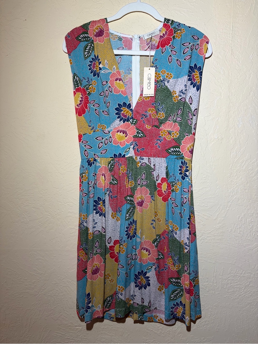 Cameo - Floral Patchwork Mini Dress in Blue, Pink, Yellow, Green